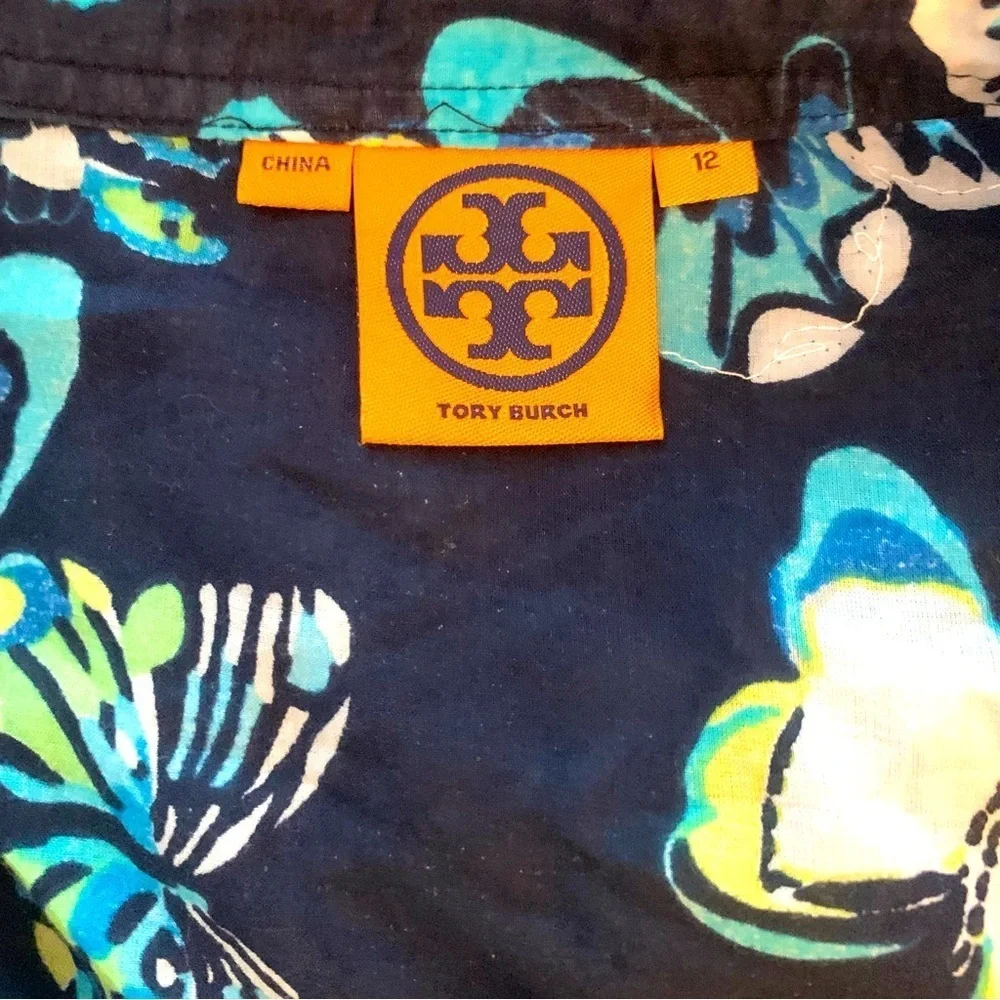 TORY BURCH Stephanie Tunic in Navy Butterfly Print Long Sleeve Top / Tunic